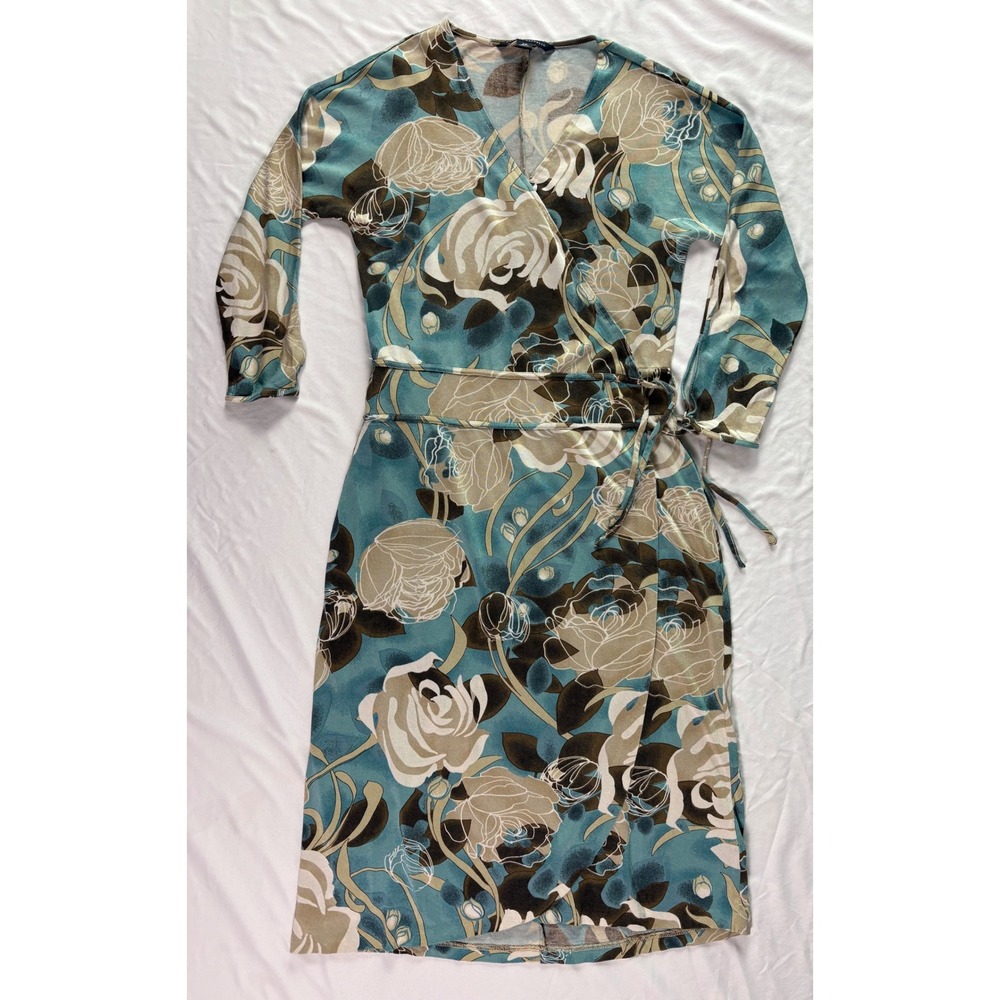Vintage Y2K Banana Republic Wrap Dress XS Silk Cotton Floral Teal Brown Lorelai - Picture 9 of 10